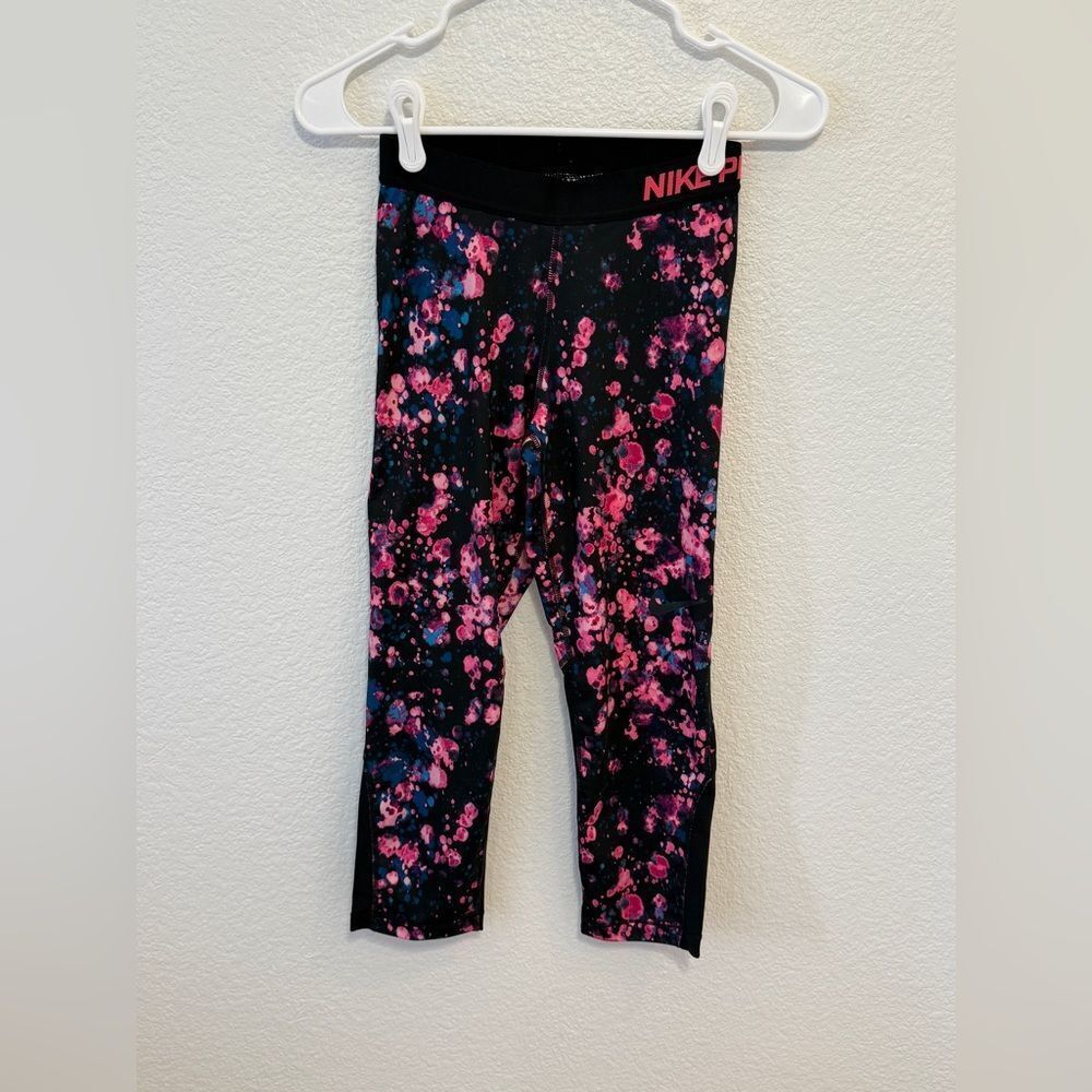 Nike Pro Dri-FIT Splatter‎ Print Cropped Leggings Black Pink Womens Small